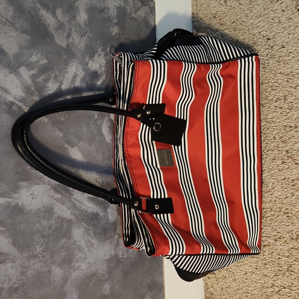 Isaac Mizrahi Red Black & White Striped Travel Tote Bag